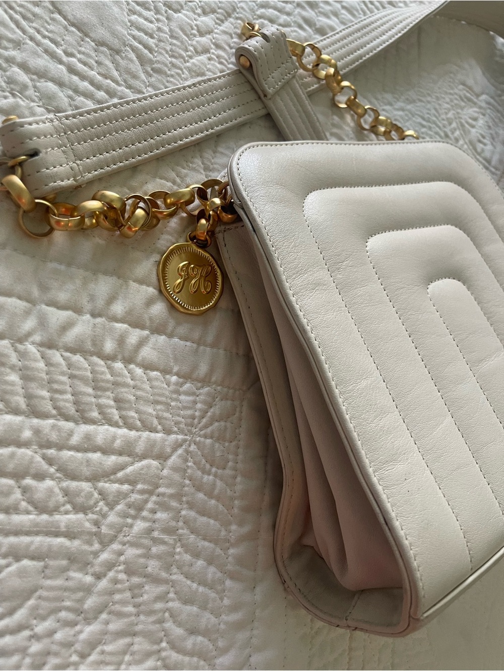 Monogram Charm Cream Quilted Crossbody Bag with Gold Chain